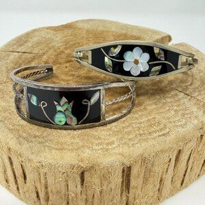 2 Vtg Mexican Alpaca Silver Abalone Shell Inlay Floral Hinged & Cuff Bracelets